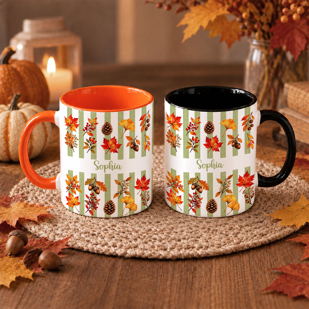 Personalized Fall Mug with Name - Autumn Leaves and Acorns Coffee Cup - Fall Gift for Friends