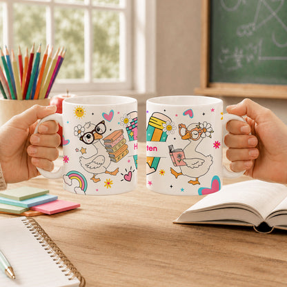 Personalized Hello Kindergarten Mug with Custom Grade & Name, Cute Goose School Coffee Mug, First Day of School Gift for Kids Students
