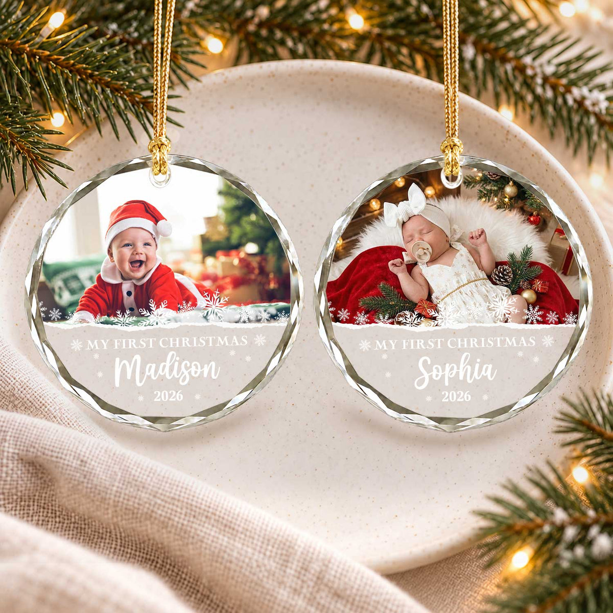 Personalized Christmas Glass Ornament - Custom Photo Baby's First Christmas 2026 - New Born Baby Christmas Gift