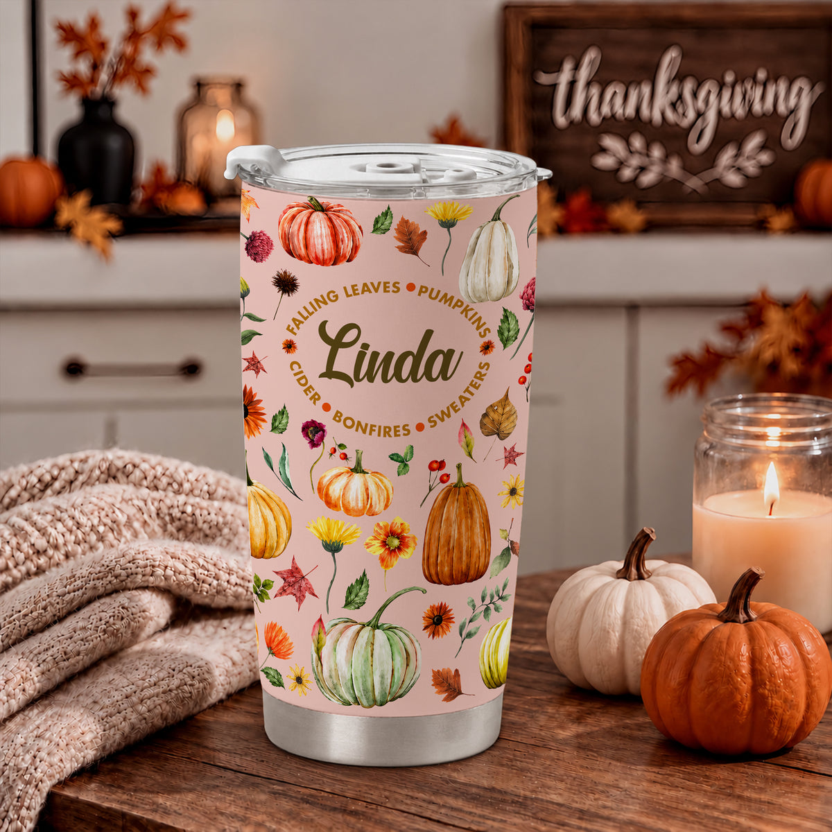 Personalized Thanksgiving Tumbler - Custom Name Fall Pumpkin Tumbler - Thanksgiving Gift for Friends, Women