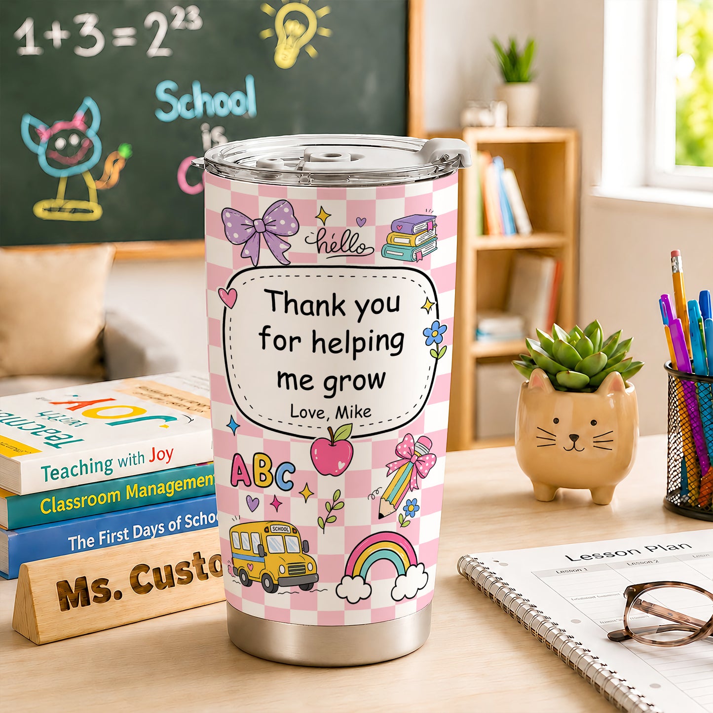 Colorful Teacher Tumbler - Custom Teacher Name & Student Message To Go Cup - Appreciation Gift for Teachers