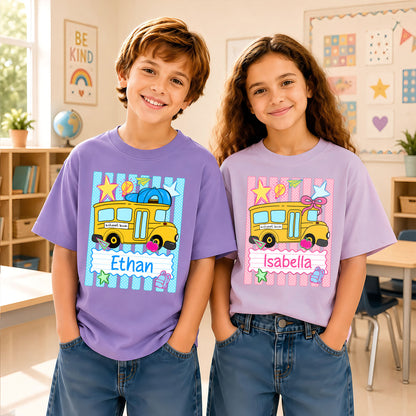 Personalized School Bus Shirt - Custom Name & Grade Kid T-shirt - Back To School Gift for Boys & Girls