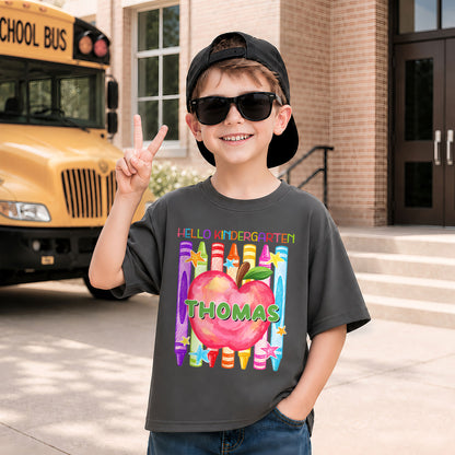 Colorful Apple Crayon Shirt - Custom Name & Grade Kids T-Shirt - First Day of School Outfit for Boys & Girls