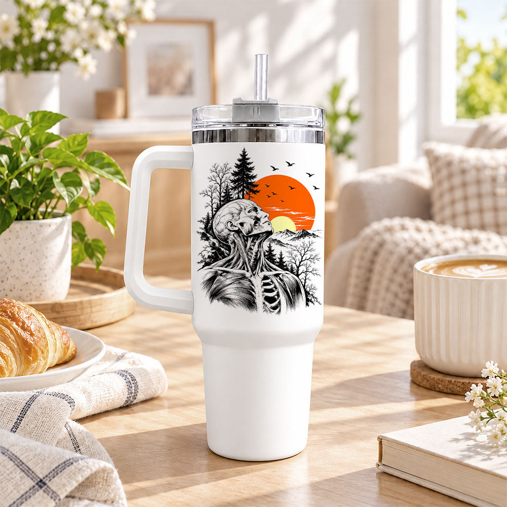 Anatomical Skeleton Sunset Tumbler 40oz with Handle and Straw, Vintage Mountain Gothic Gift for Men Women