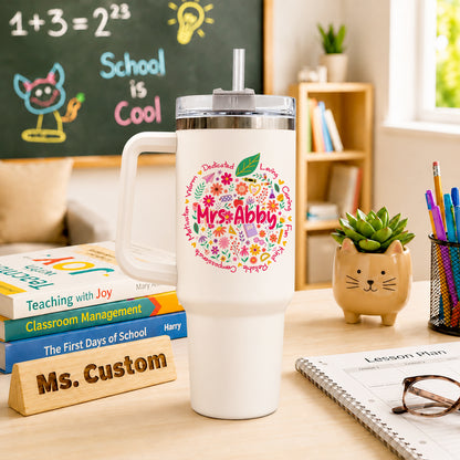 Retro Floral Teacher Tumbler With Handle - Custom Name Teacher To Go Cup, Back To School Teacher Gift