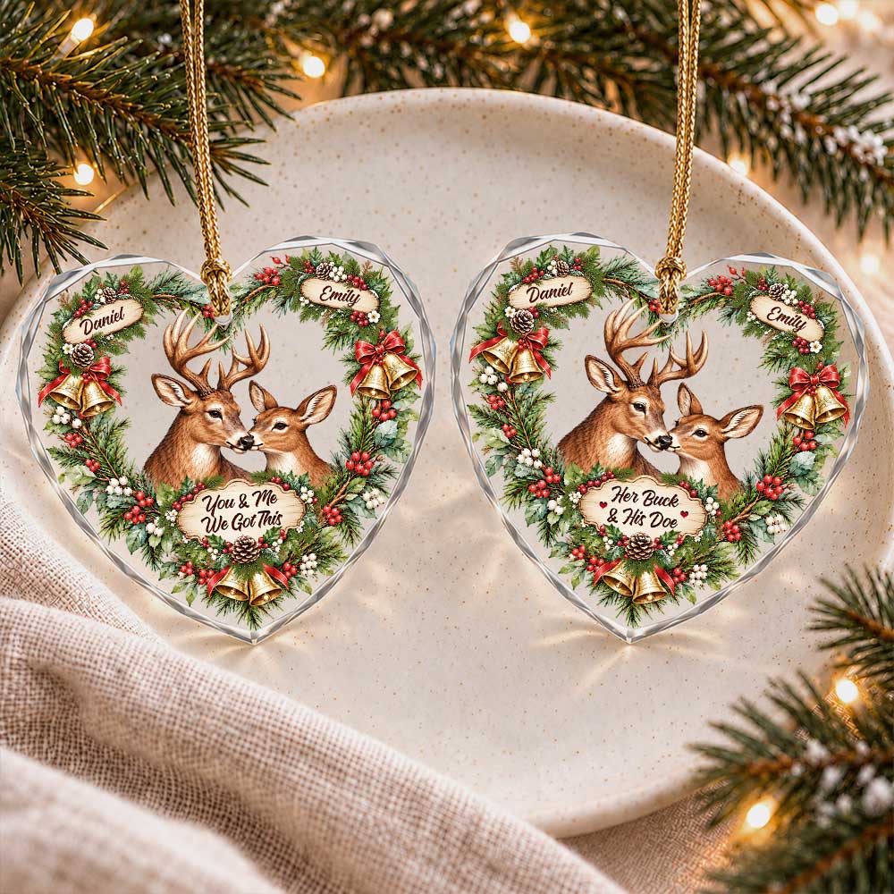 Personalized Glass Ornament - Custom Buck and Doe Christmas Heart Ornament - Romantic Gift for Couples