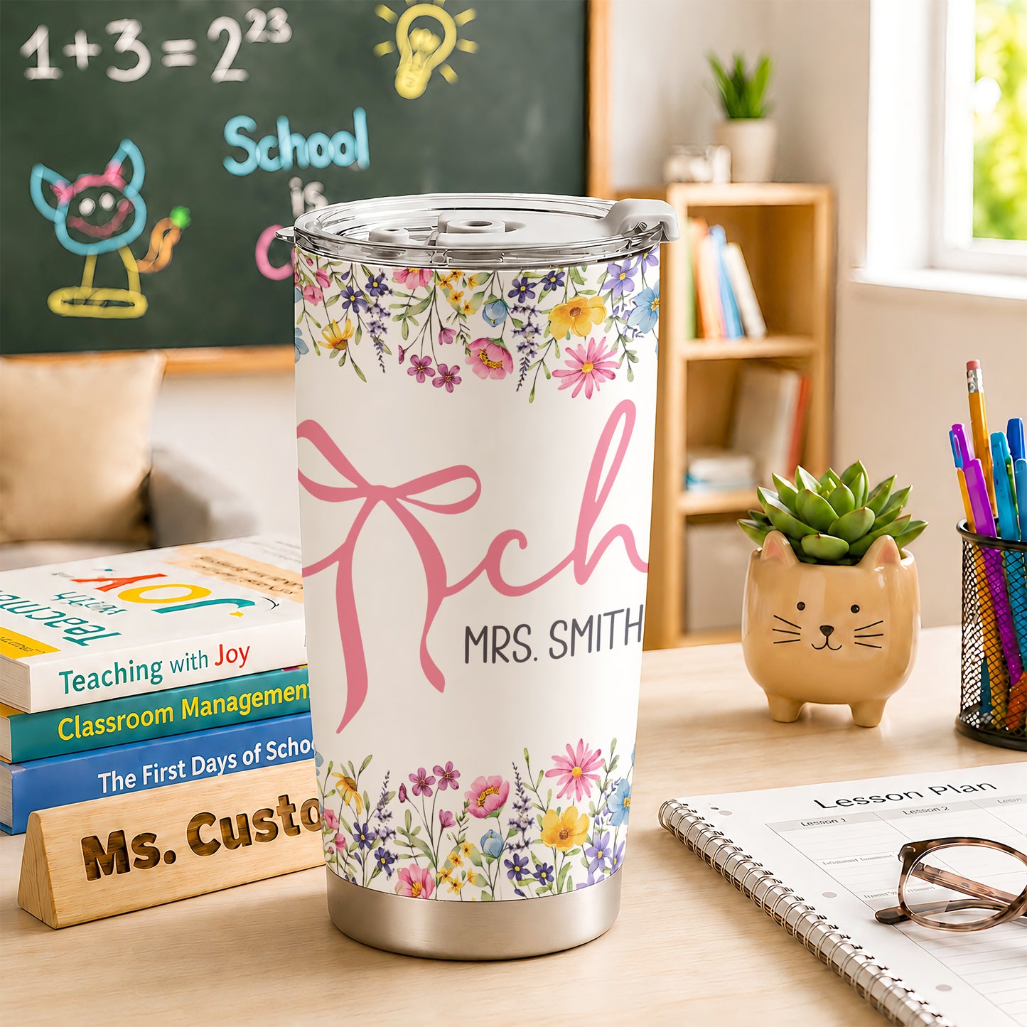 Personalized Teacher Tumbler with Custom Name, Cute Pencil Floral Travel Cup, Teacher Appreciation Gift, Back to School Teacher Gift
