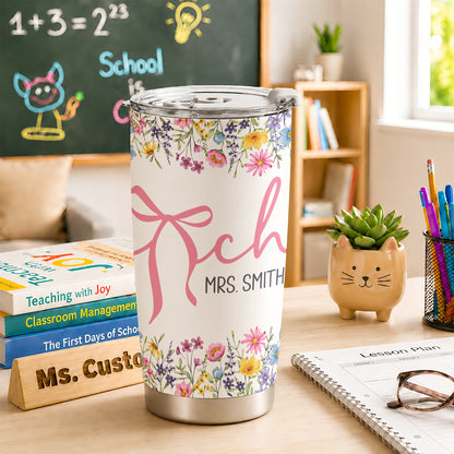 Personalized Teacher Tumbler with Custom Name, Cute Pencil Floral Travel Cup, Teacher Appreciation Gift, Back to School Teacher Gift