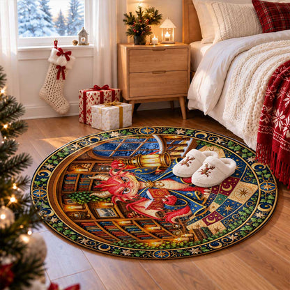 Personalized Round Rug - Fantasy Dragon Cat Dog Owl Reading In Spiral Library Rug - Book Lovers Christmas Gift