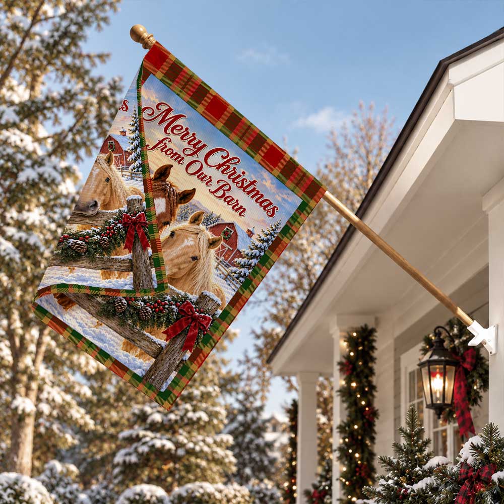 Christmas Garden Flag - Highland Cow Merry Christmas from Our Barn - Farmhouse Decor, Country Christmas Gift