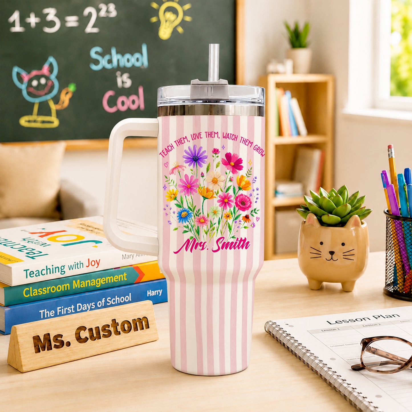 Personalized 40oz Teacher Tumbler with Handle & Straw – Custom Floral Teacher Gift for Back to School, First Day of School & Teacher Appreciation