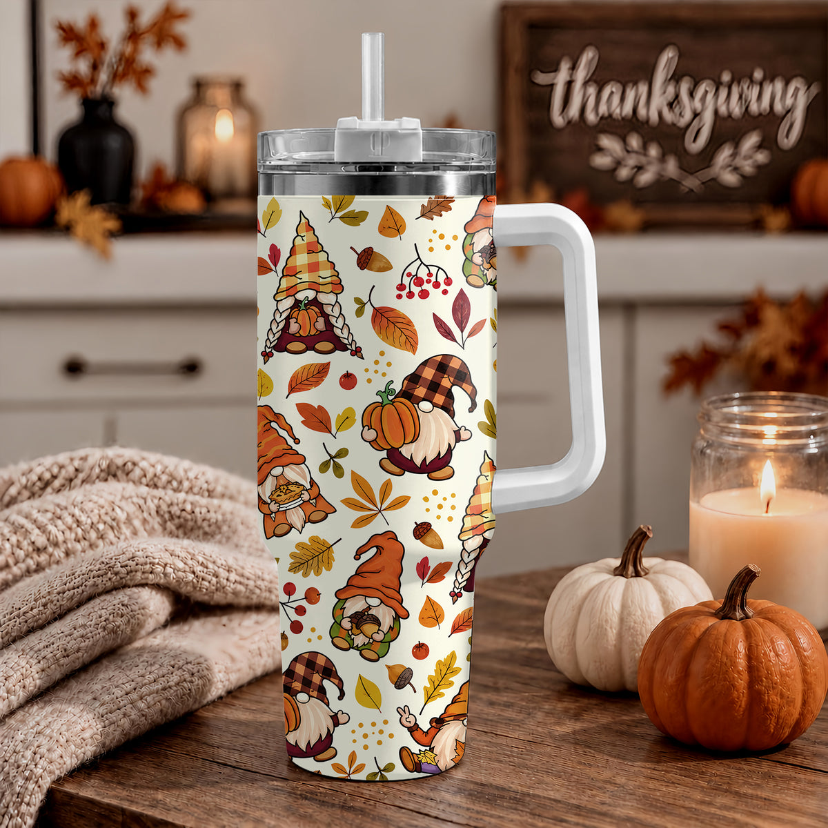 Personalized Thanksgiving Tumbler 40oz, Turkey Fall Leaves Gnome, Hello Fall Custom Name Gift For Adult & Friends