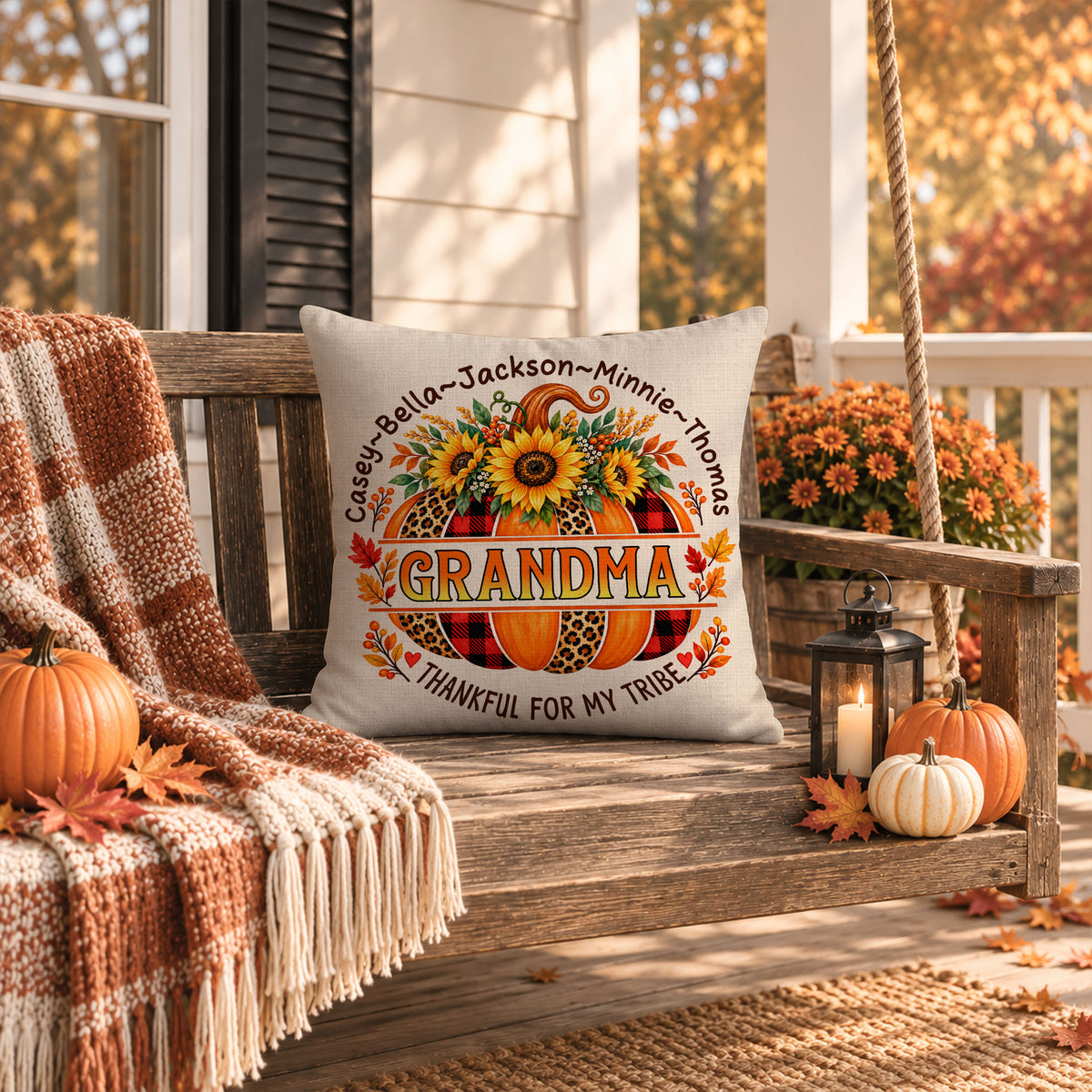 Personalized Thanksgiving Pillow - Thankful for My Tribe - Fall Gift for Grandma, Mom