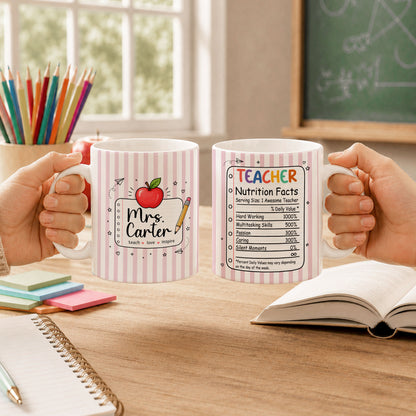 Back To School - Personalized Teacher Mug - Teacher Nutrition Facts - Custom Name Striped Mug, Gift for Teachers