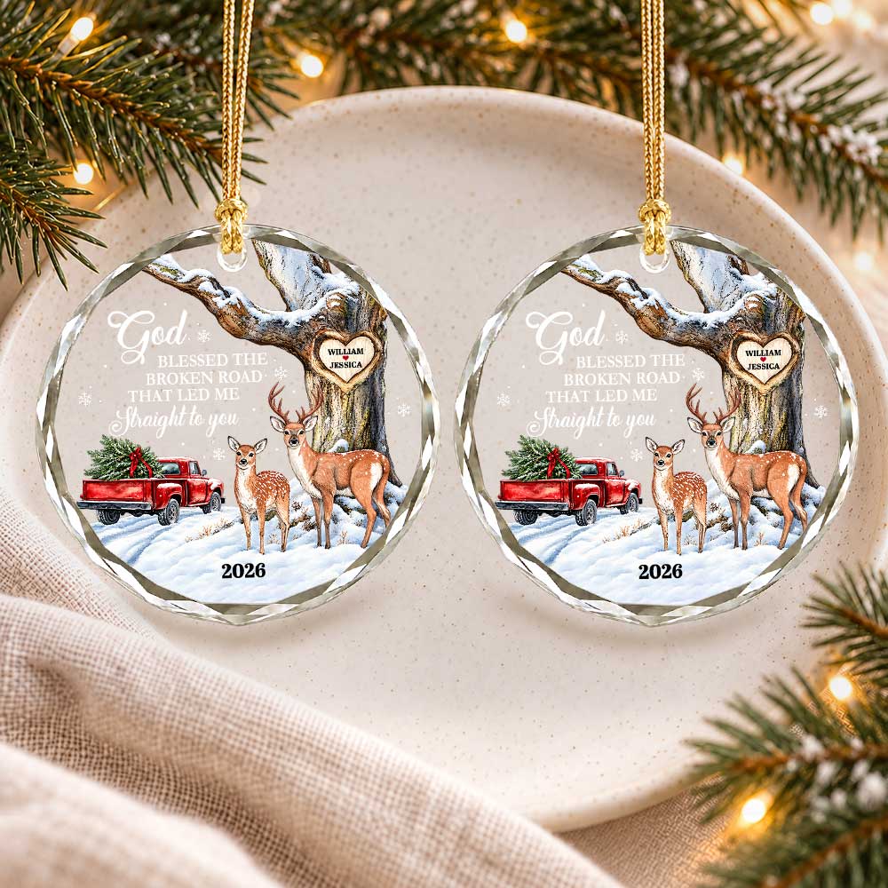 Personalized Couple Glass Ornament - God Blessed the Broken Road Deer Couple - Christmas Gift for Couples 2026