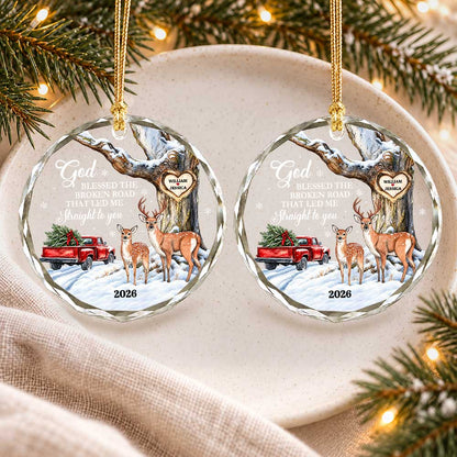 Personalized Couple Glass Ornament - God Blessed the Broken Road Deer Couple - Christmas Gift for Couples 2026