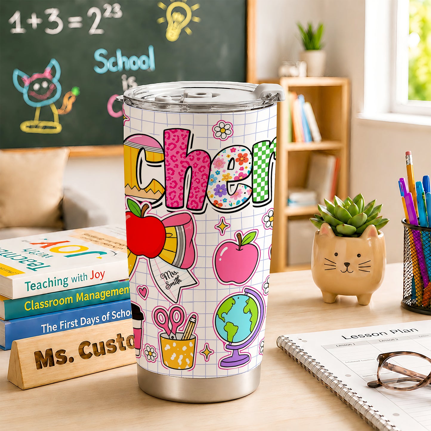 Personalized Teacher Tumbler with Custom Name, Cute Pencil Floral Travel Cup, Teacher Appreciation Gift, Back to School Teacher Gift