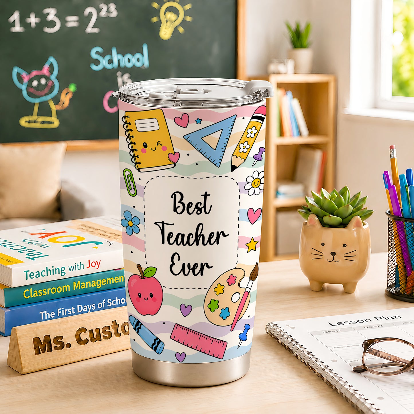 Best Teacher Ever Colorful Tumbler - Custom Teacher Name Travel Mug - Back To School Gift