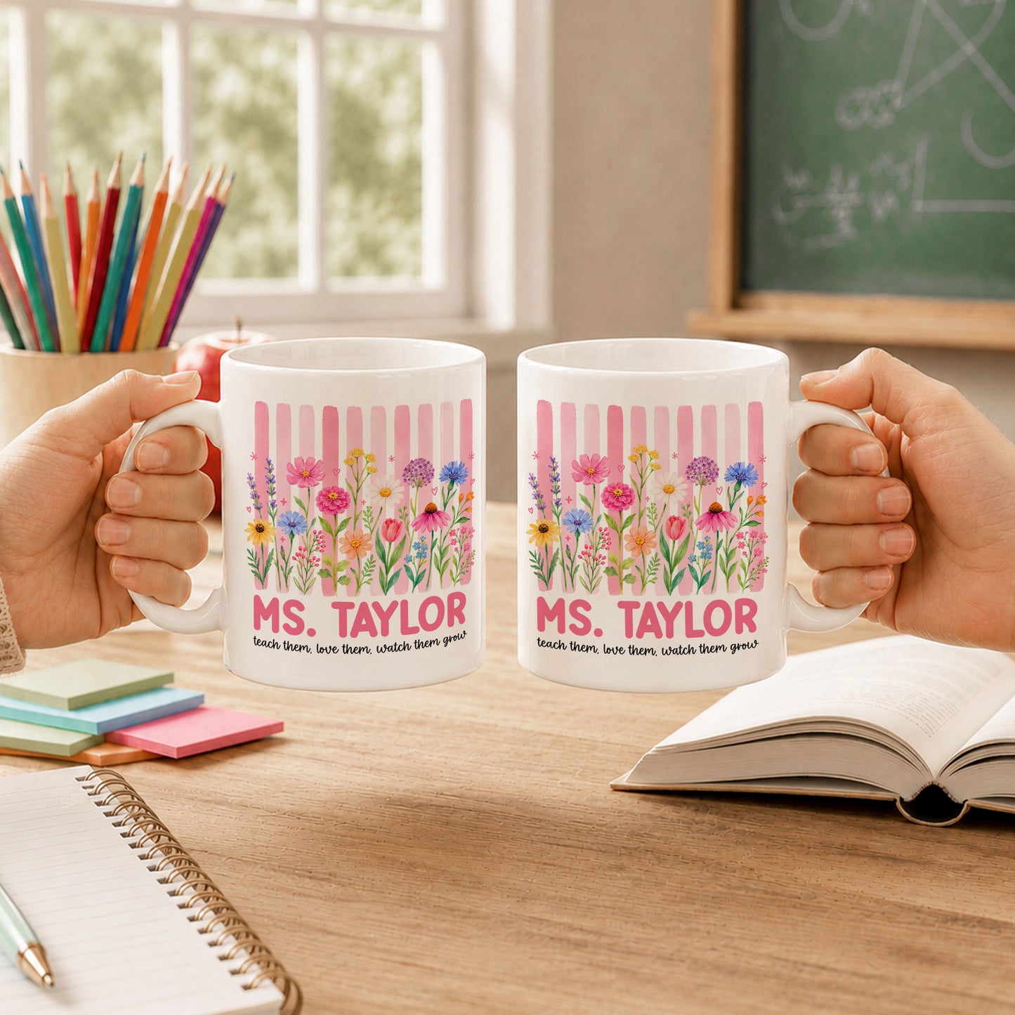 Pastel Floral Teacher Mug - Teach Them Love Them Watch Them Grow - Custom Name Teacher Coffee Cup - Back To School Gift for Teachers