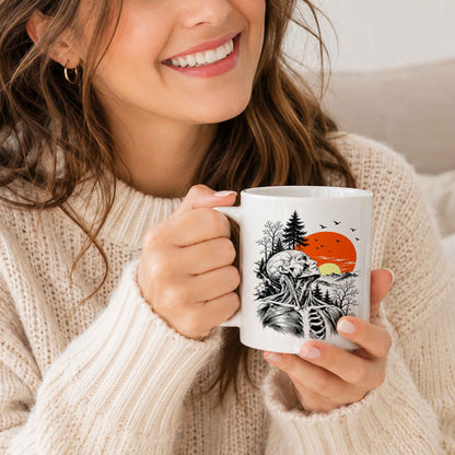 Anatomical Skeleton Sunset Mug, Vintage Mountain Nature Coffee Cup, Gothic Art Gift for Men Women