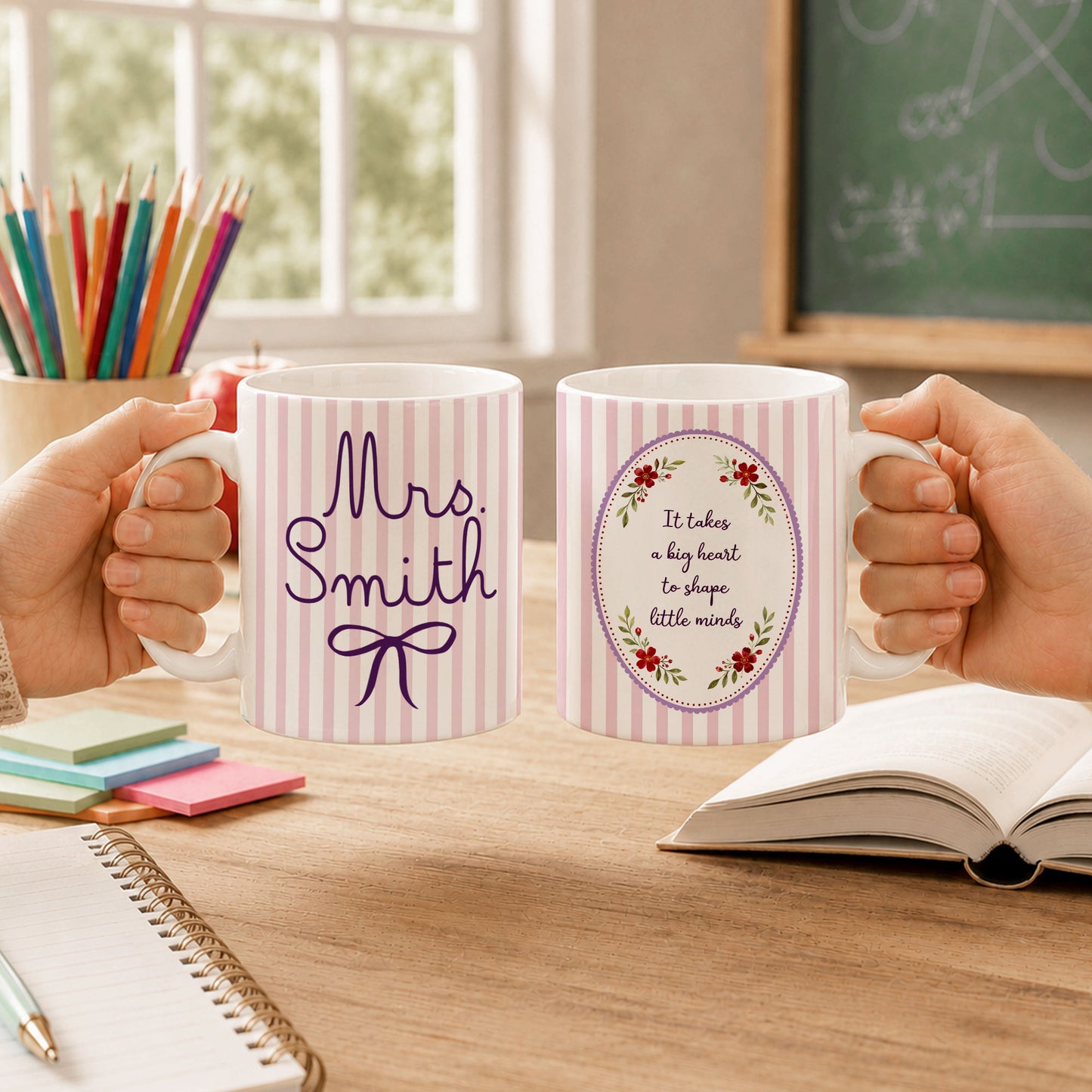 Back To School - Personalized Teacher Mug - ItTakes a Big Heart To Teach Little Minds - Custom Name Striped Coquette Mug,Teacher Appreciation Gift