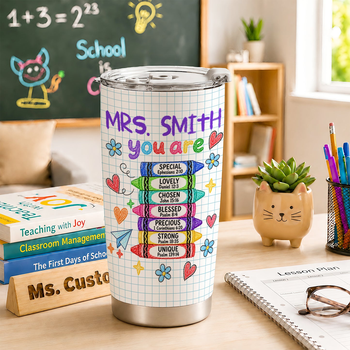 Crayon Bible Verse Teacher Tumber - Personalized Teacher To Go Cup - Christian Teacher Gift