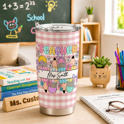 Personalized Teacher Tumbler with Custom Name, Cute Pencil Floral Travel Cup, Teacher Appreciation Gift, Back to School Teacher Gift