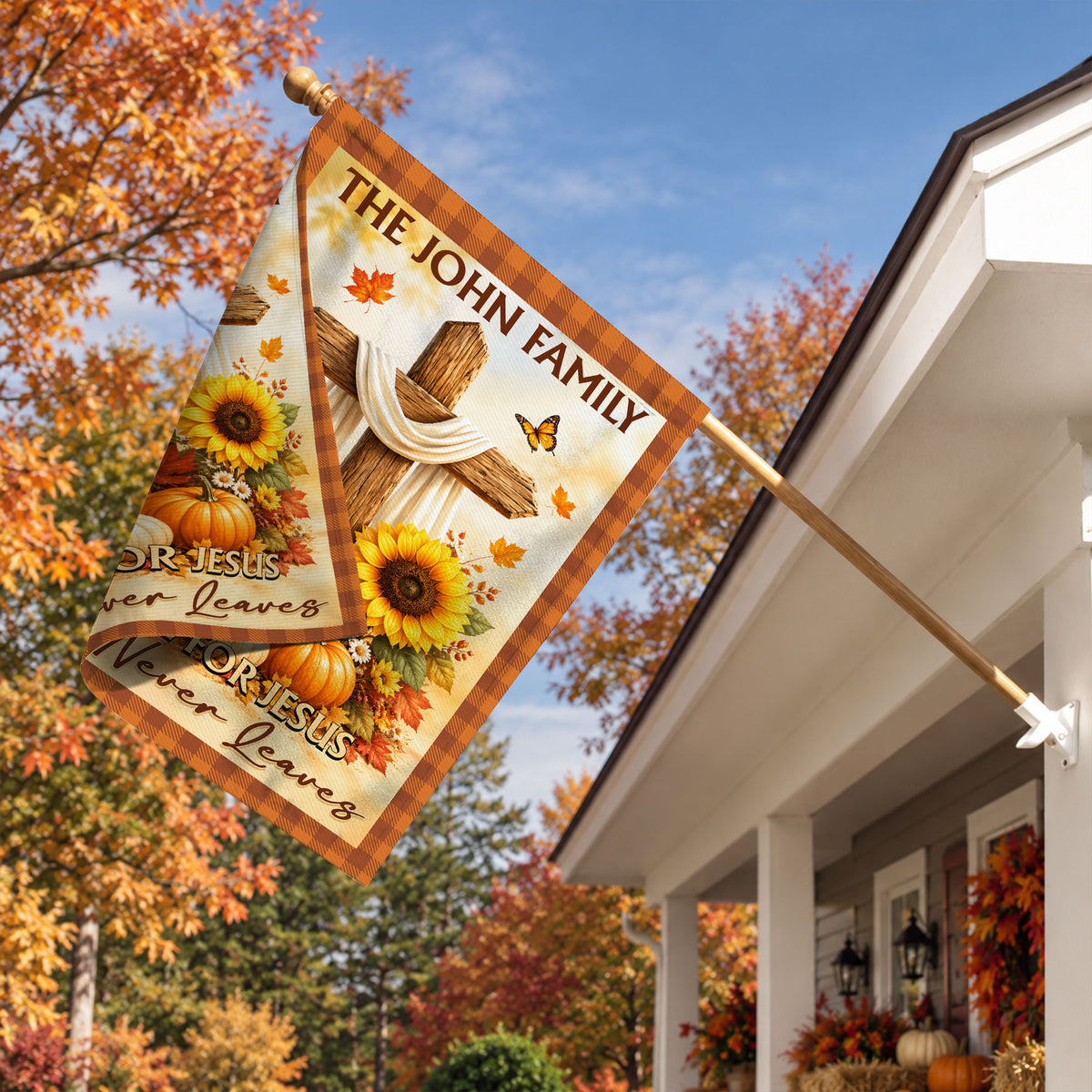 Personalized Thanksgiving Garden Flag - Fall for Jesus He Never Leaves - Custom Family Name Yard Decor