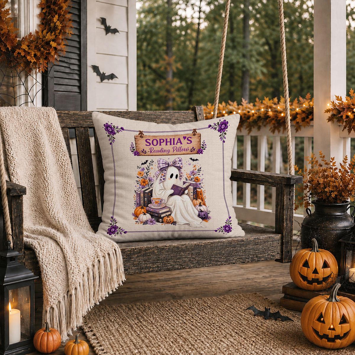 Personalized Halloween Reading Pillow - Custom Name Ghost Pillow - Spooky Season Gift for Book Lovers
