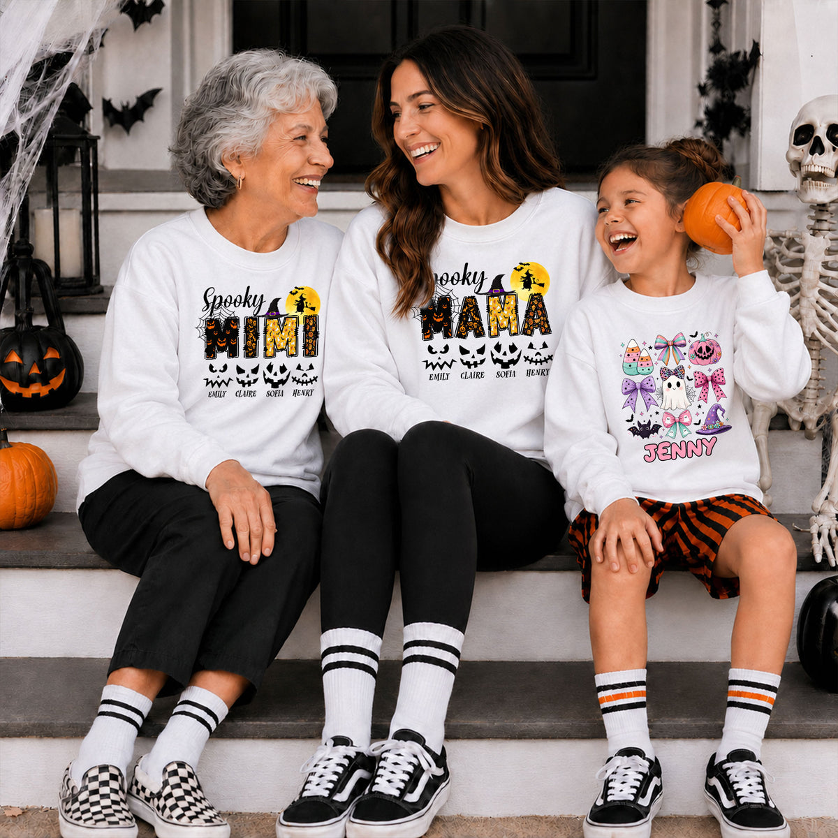 Personalized Halloween Shirt for Grandma & Mom - Custom Name Spooky Pumpkin Face Shirt - Cute Halloween Gift