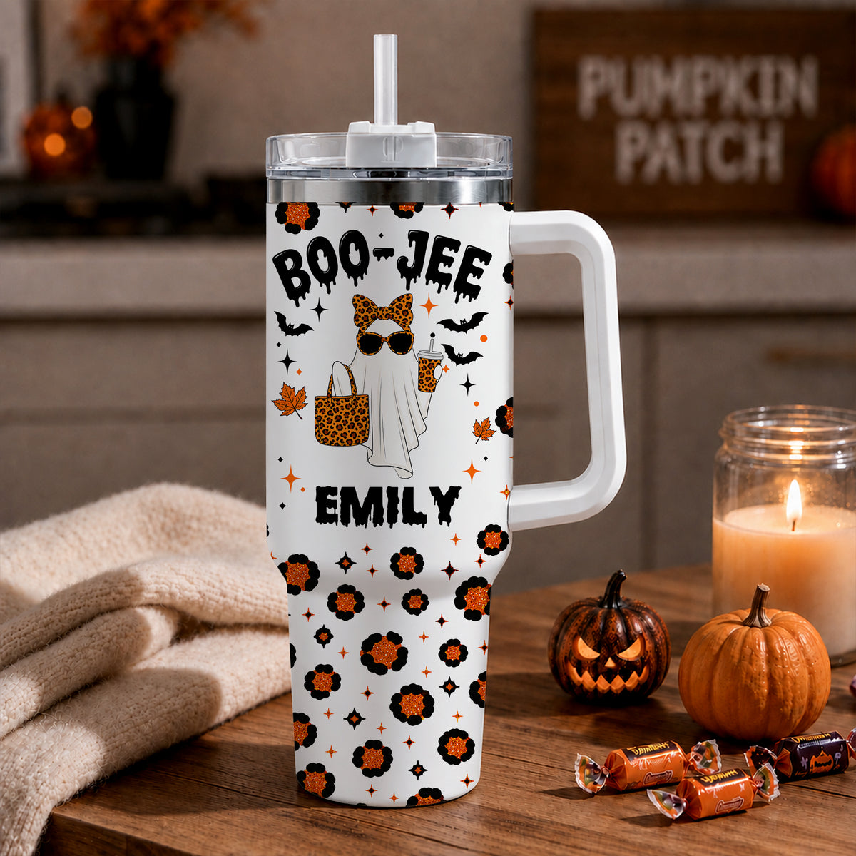 Personalized Halloween Tumbler with Handle - Custom Name Boo Jee Ghost Tumbler - Trendy Spooky Season Gift