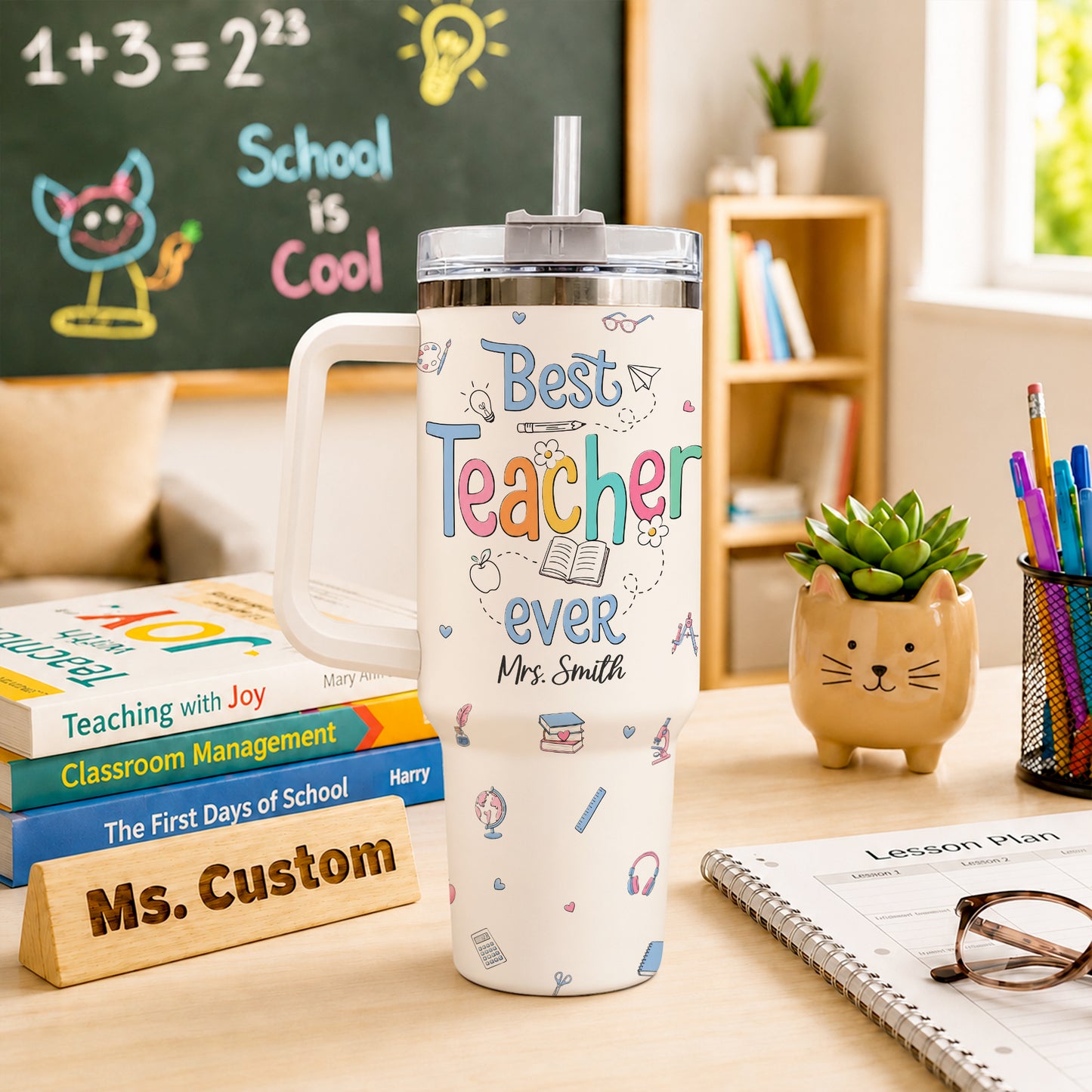 Personalized 40oz Teacher Tumbler with Handle & Straw – Custom Best Teacher Ever Gift for Back to School & Teacher Appreciation
