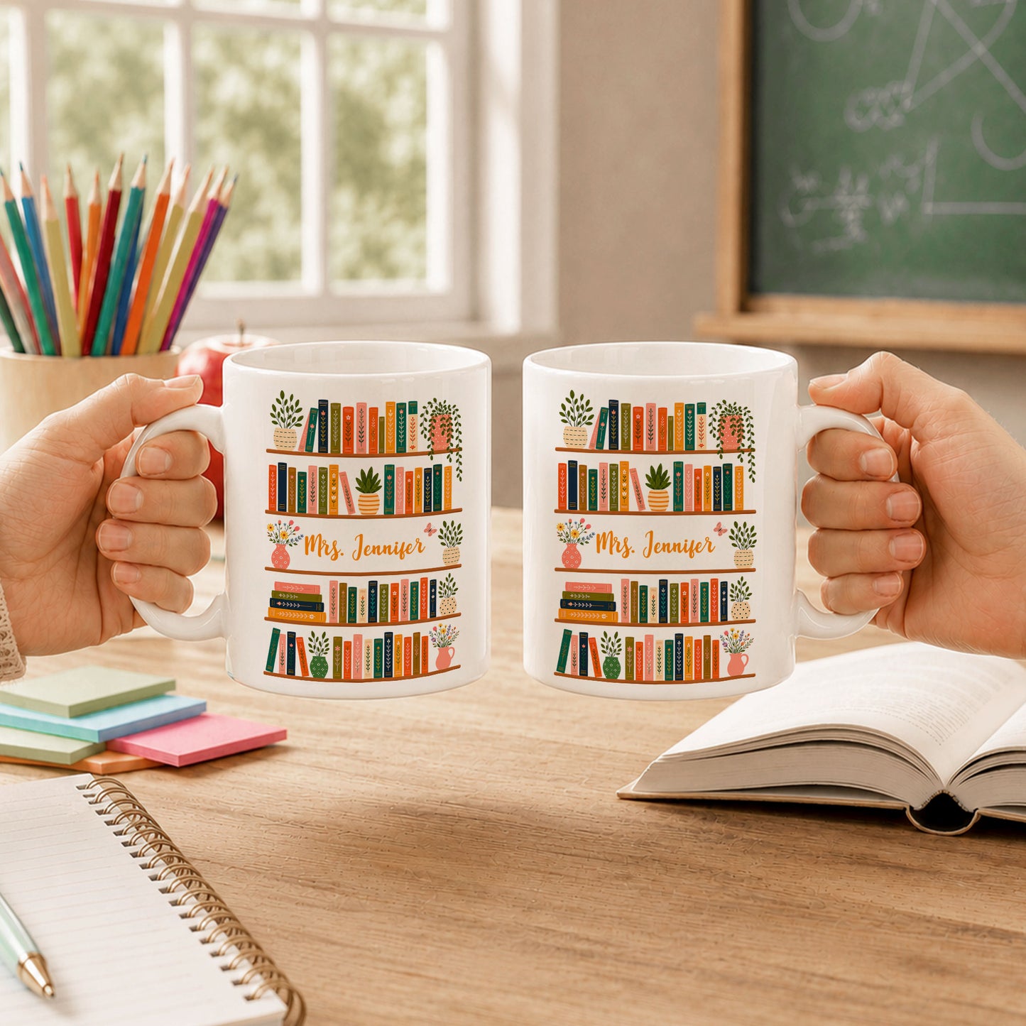 Vintage Floral Bookshelf Mug - Personalized Teacher Mug - Back To School Teacher Gift