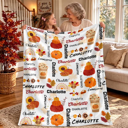 Personalized Thanksgiving Blanket - Custom Name Fall Blanket - Thanksgiving Gift for Baby, Family