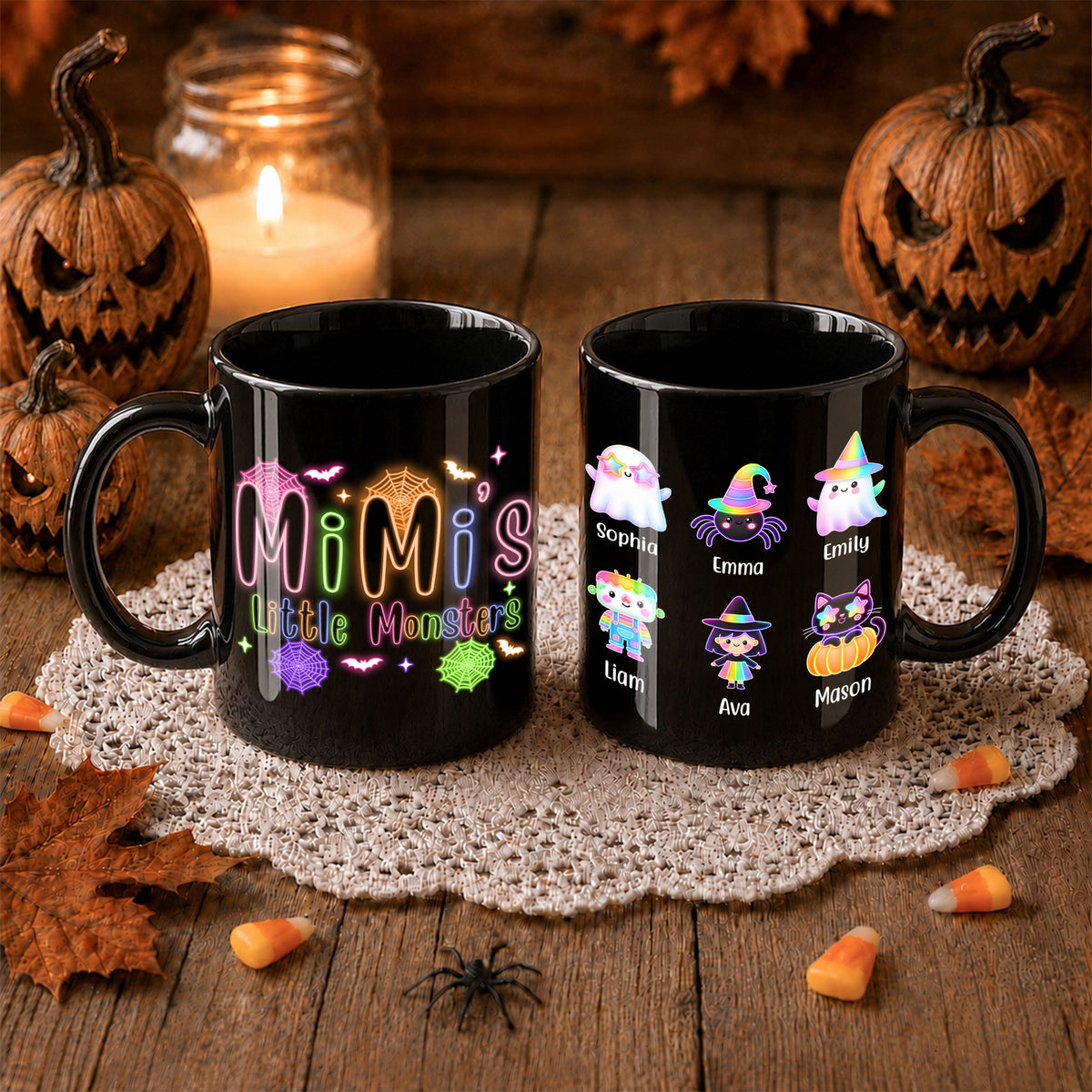 Personalized Halloween Black Mug - Mimi's Little Monsters Neon Mug - Halloween Gift for Grandma & Mom