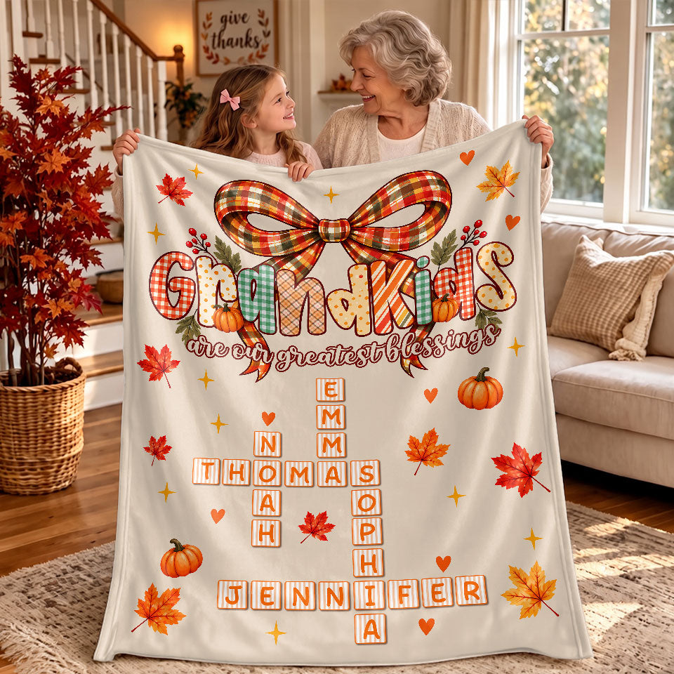 Personalized Thanksgiving Blanket - Grandkids are Our Greatest Blessings Crossword Puzzle Art - Gift for Grandparents