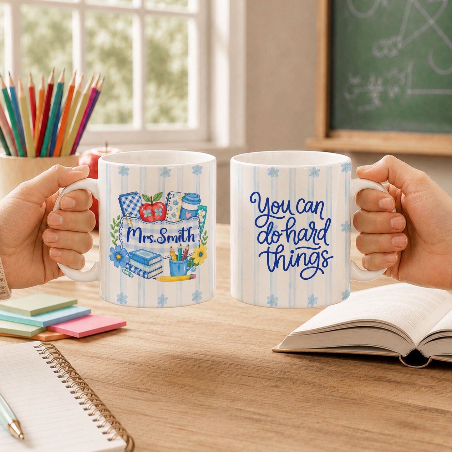 Personalized Teacher Student Coffee Mug with Custom Name, You Can Do Hard Things Mug, Striped Color School Gift, Back to School Cup