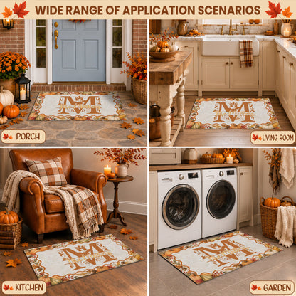 Personalized Thanksgiving Doormat - Custom Family Name Monogram Door Mat - Fall Harvest Pumpkin Home Decor