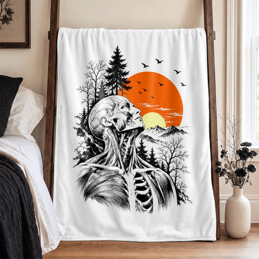 Anatomical Skeleton Blanket, Vintage Sunset Mountain Fleece & Sherpa  Blanket, Gothic Nature Gift for Men Women
