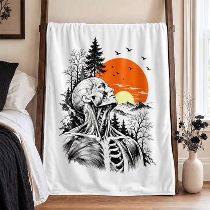 Anatomical Skeleton Blanket, Vintage Sunset Mountain Fleece & Sherpa  Blanket, Gothic Nature Gift for Men Women