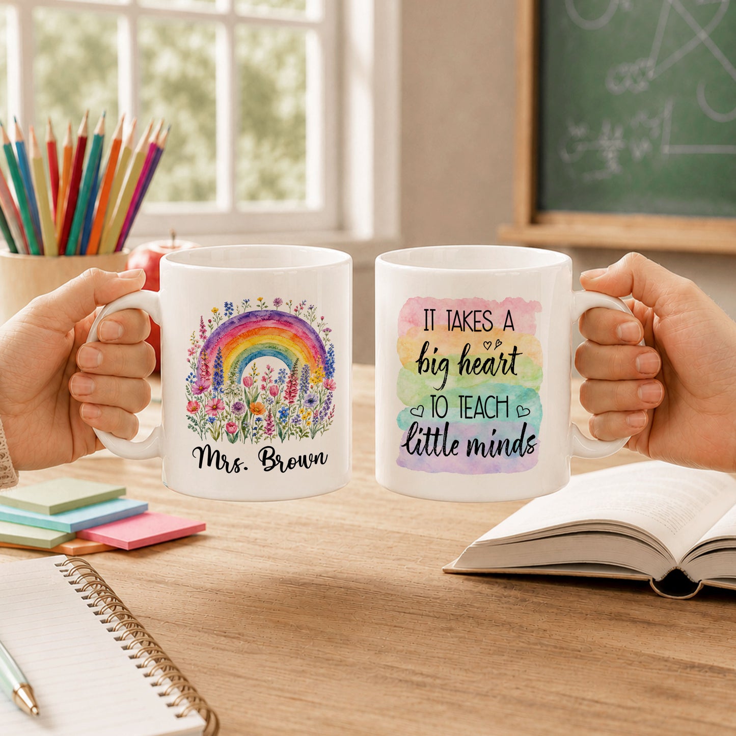 Watercolor Rainbow Teacher Mug - It Takes A Big Heart To Shape Little Minds - Meaningful Back To School Gift for Teachers