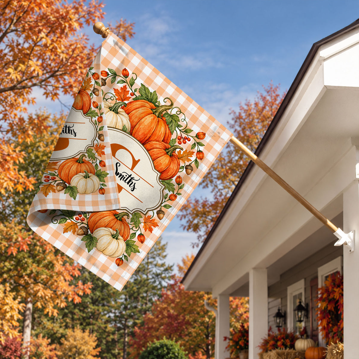 Personalized Thanksgiving Garden Flag - Custom Family Name Monogram Flag - Fall Pumpkin Yard Decor