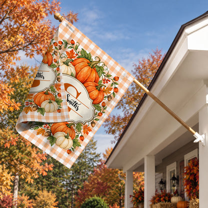 Personalized Thanksgiving Garden Flag - Custom Family Name Monogram Flag - Fall Pumpkin Yard Decor