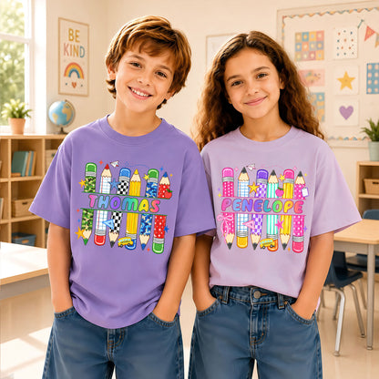 Colorful Pencil School Shirt - Custom Name Kids T-shirt - Back To School Outfit for Boys & Girls
