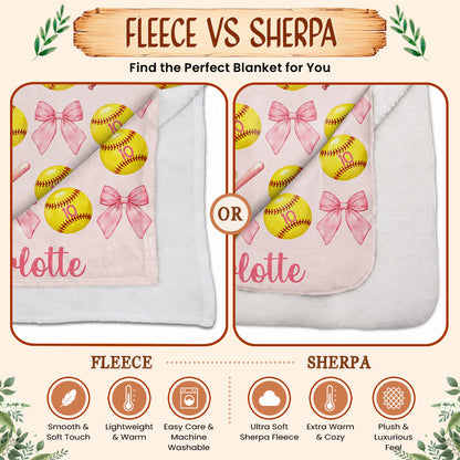 Personalized Softball Blanket for Girls - Custom Name Bow Softball Throw - Christmas Gift, Teen Athlete Gift