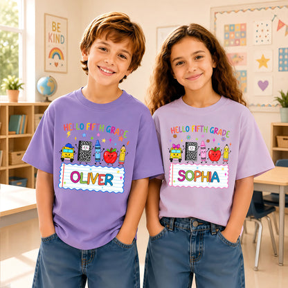Colorful Hello School Shirt - Custom Grade & Name Kids T-Shirt - Back To School Gift for Boys & Girls