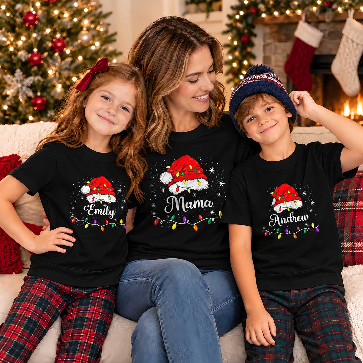 Personalized Family Christmas Shirts, Matching Santa Hat Tees, Custom Name Holiday Gift