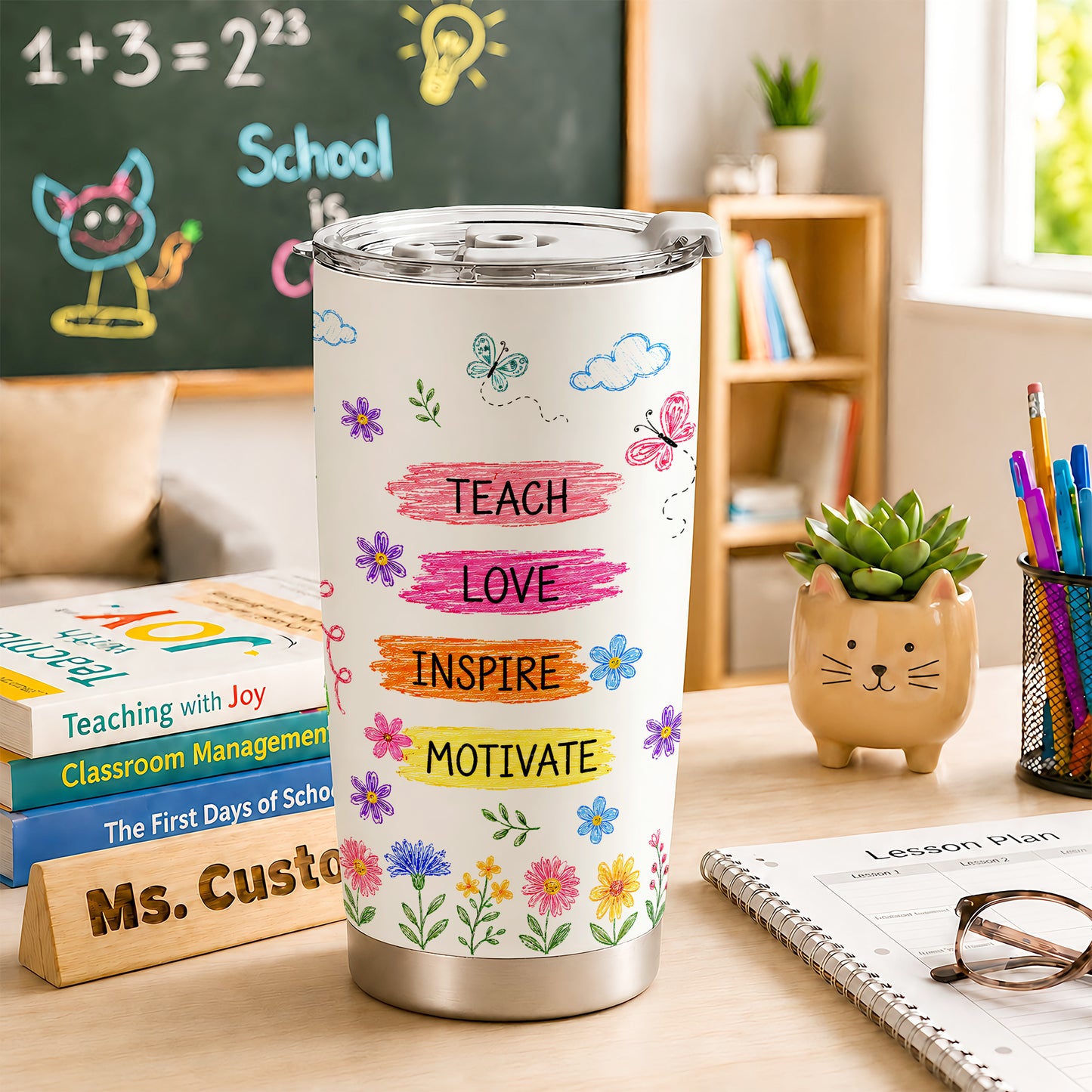 Rainbow Teacher Tumbler - Teach Love Inspire - Custom Teacher Name Travel Cup - Colorful Teacher Gift