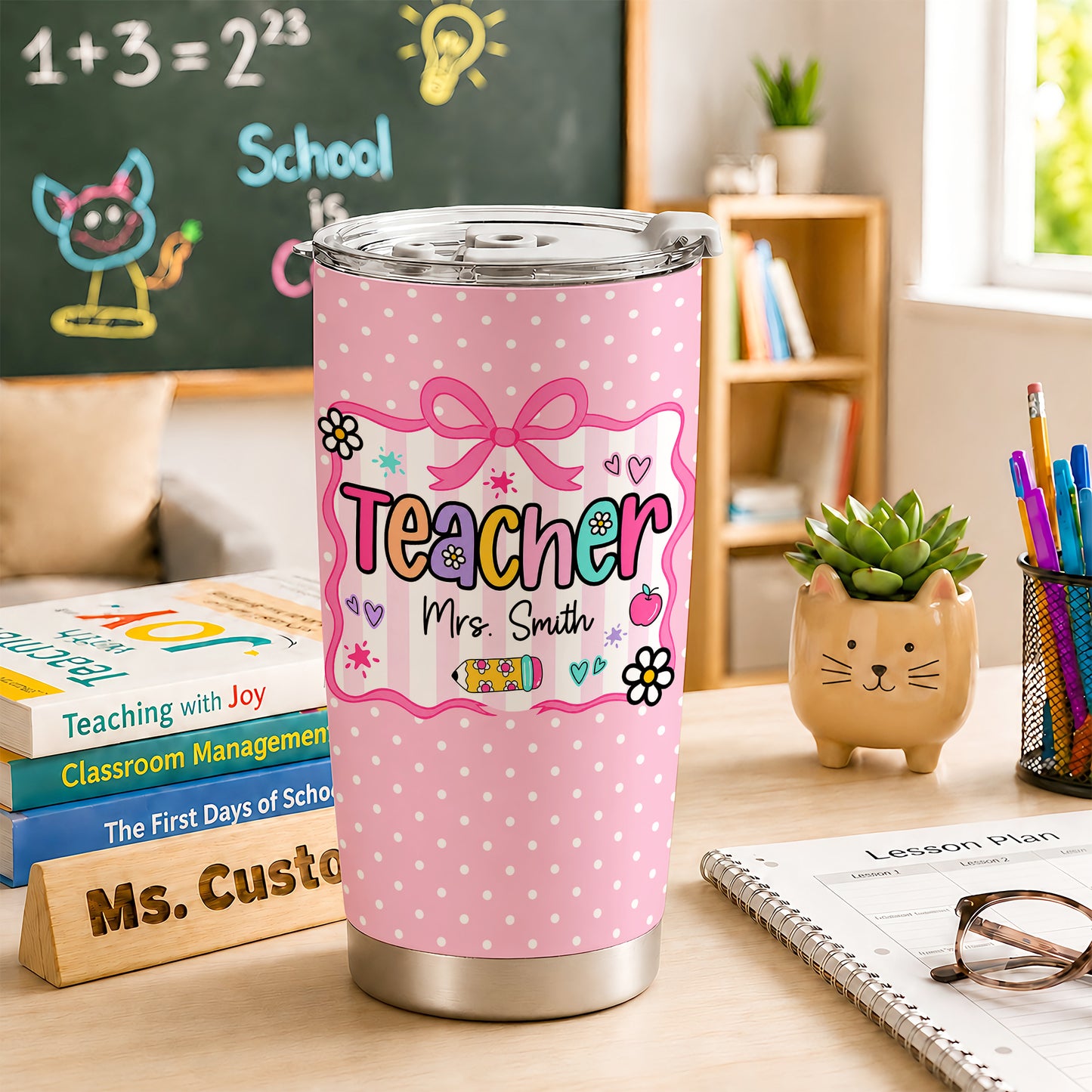 Personalized Teacher Tumbler with Custom Name, Cute Pencil Floral Travel Cup, Teacher Appreciation Gift, Back to School Teacher Gift