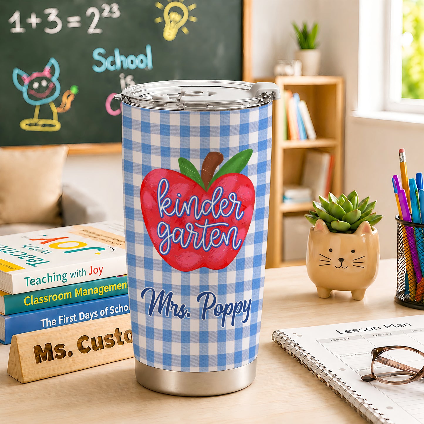 Gingham Teacher Tumbler - Personalized Teacher To Go Cup - Back To School Teacher Gift